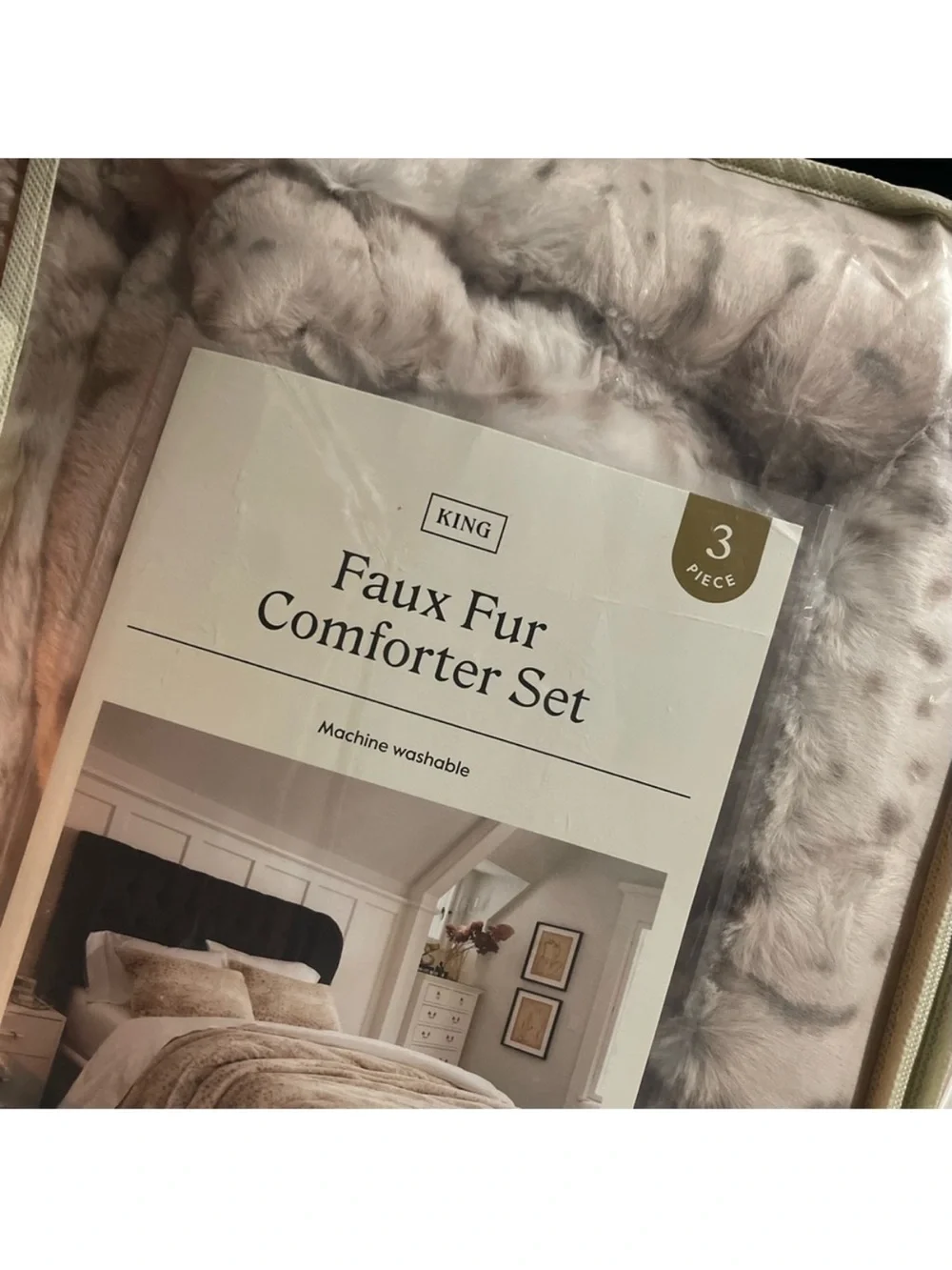 Threshold Faux Fur Comforter Set and 2 Shans- taupe animal print